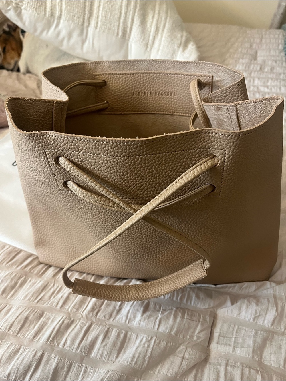 8 More Reasons Pebbled Leather Drawstring Shoulder Bag in Tan